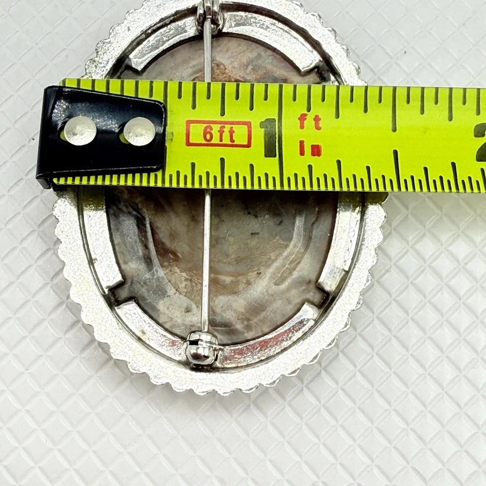 Vintage Agate Brown Stone Oval Brooch w/ Silver Tone Border